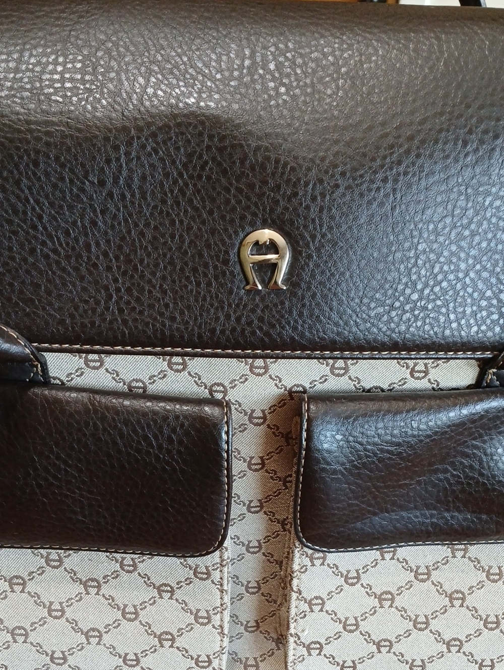 Etienne Aigner Leather/Canvas Laptop Satchel Tote Briefcase - Picture 2 of 15